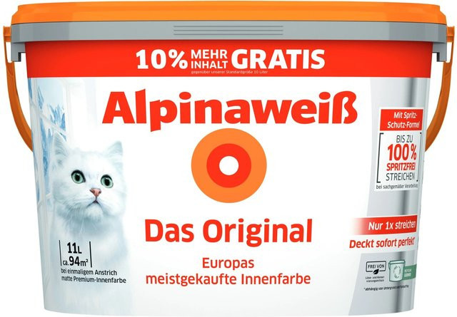 Alpina Wandfarbe Alpinaweiß Matt, Lösungsmittelfrei und Konservierungsmittelfrei, 11 l - Bild 1