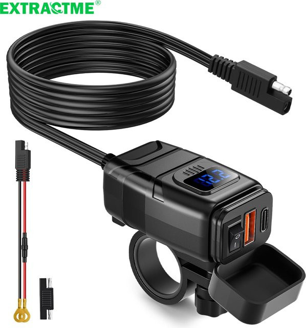 Extractme Motorrad USB Schnellladegerät mit USB-C Port, Wasserdichtes Ladegerät mit LED Digital Voltmeter für Fahrrad und Motorrad in Schwarz oder Blau - Bild 1