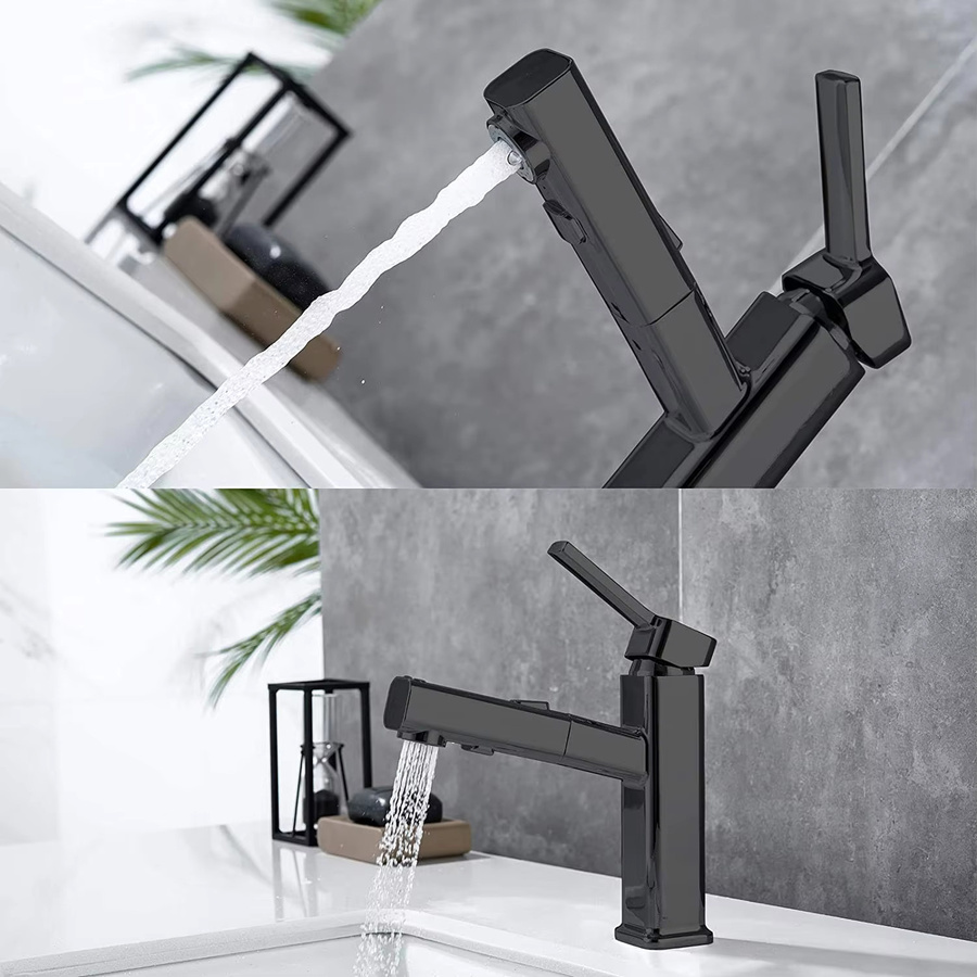 DQOK Badezimmer-Waschtischarmatur aus Messing mit ausziehbarem Brausekopf in Chrom und Schwarz - Bild 2