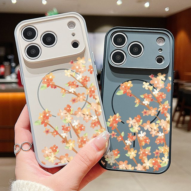 MOESOE Magnetische Handyhülle mit Blumenmuster für iPhone 17, 16, 15, 14, 13 Pro Max, MagSafe kompatibel, Orange/Pink, mit Linsenschutz und Hardcover - Bild 1