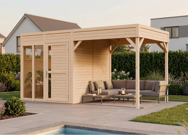 Bertilo Holz-Gartenhaus Cubus2Off.Lounge mit Flachdach in Natur, modernes Design, Elementbauweise, Farbe: Braun, B/T/H: 232,0 x 160,0 x 19,0 cm - Bild 1