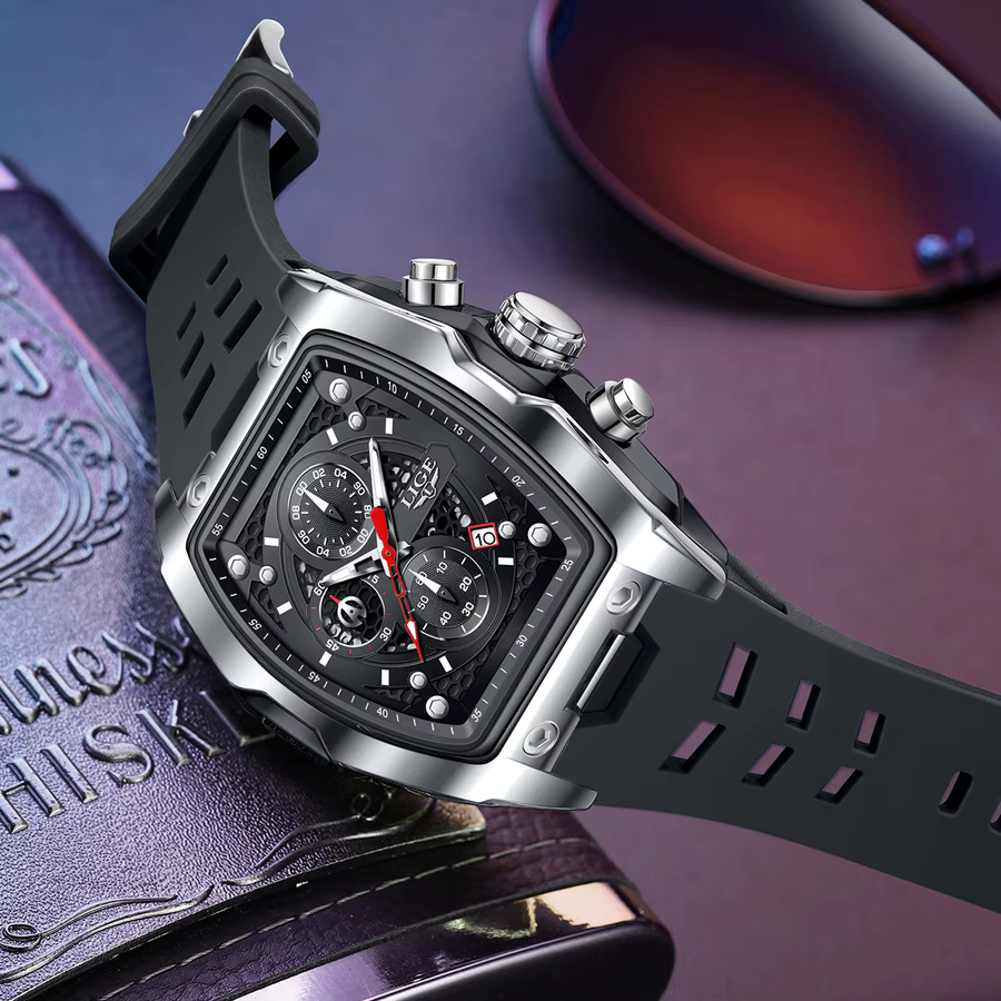 LIGE Armbanduhr Quarz, eckig, Silikon, Schwarz, Herren - Bild 2