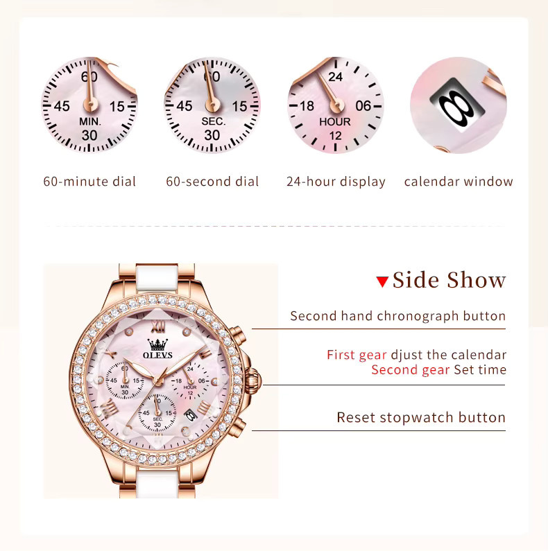 OLEVS Chronograph, Keramik, Roségold, Quarz, Damen - Bild 3