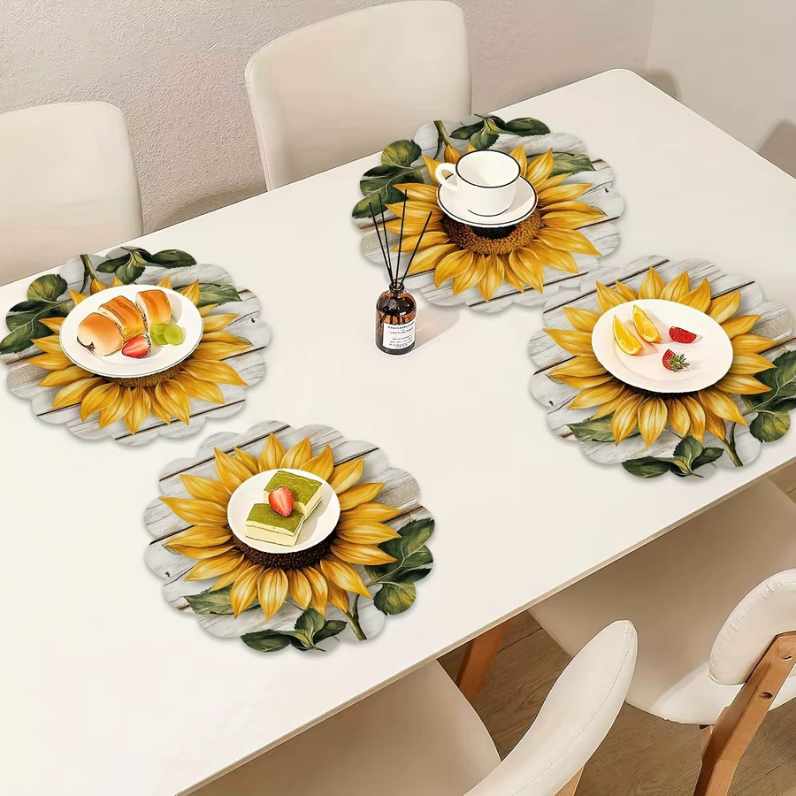 VIKAMA 4er Set runde Tischsets mit Sonnenblumen-Design in Gelb aus Vinyl im Landhausstil - Bild 3
