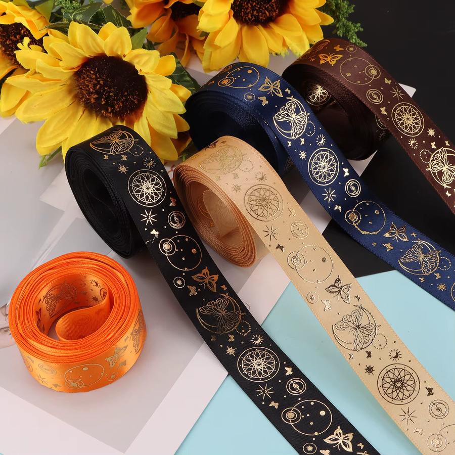 OEMOO Schmetterlingsband aus Textil, 5 Yards, Farben: Schwarz, Beige, Braun und Multicolour, zum Verpacken von Geschenken und Blumensträußen - Bild 2