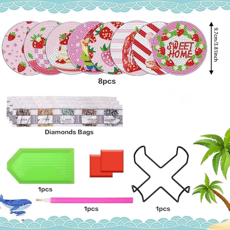 Steinmalerei-Untersetzer mit Halterungen, DIY Kuchenmuster Diamantkunst, 8-teiliges Set - Bild 2