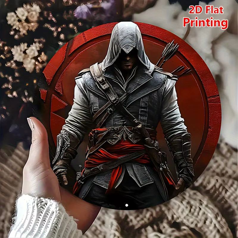 Rundes Aluminiumschild Vintage Assassin von Potdemiel in Rot und Schwarz, Durchmesser: 20,32 cm, Metallwanddekoration mit Charakterkunst - Bild 2