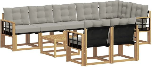 vidaXL Outdoor-Sofagarnitur 9-teilig aus Akazienholz und Textilene in Weiß-Hellgrau mit Kissen und Armlehnen - Bild 1