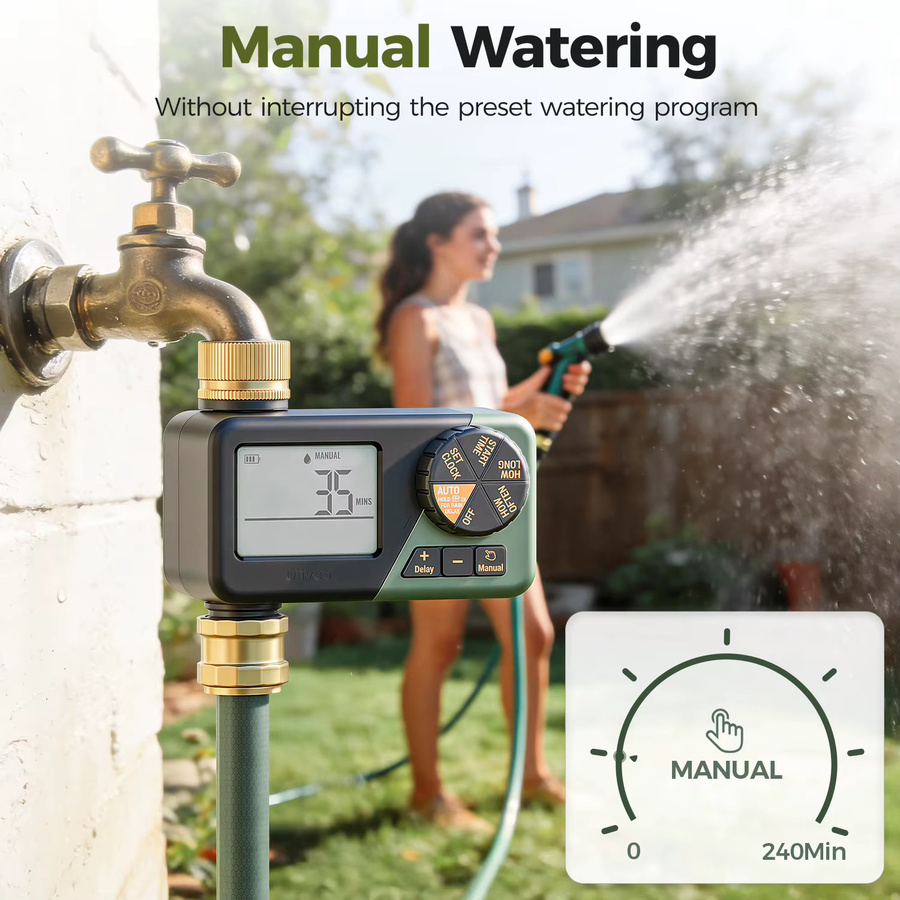 Diivoo Bewässerungstimer mit Messing-Ein- und Auslass, programmierbarer automatischer Gartenbewässerungstimer in Schwarz mit Regenverzögerung und manueller Bewässerung - Bild 6