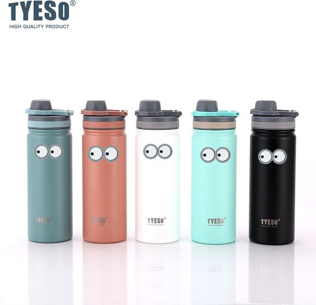 Tyeso Vakuum-Thermosflasche aus Edelstahl mit Augen-Sticker und Flip-Verschluss, Weiß, 600 ml - Bild 1