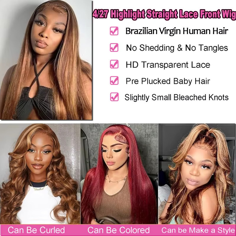 Lace Front Perücke aus Echthaar, 30 Zoll, Ombre 4/27, glatt, Honigblond, Damen - Bild 7