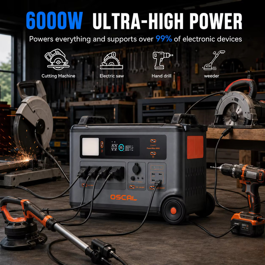 OSCAL PowerMax6000 Powerstation mit 6000W, 3600Wh LiFePO4, 120V/240V Split-Phase, USV-Funktion und App-Steuerung - Bild 3