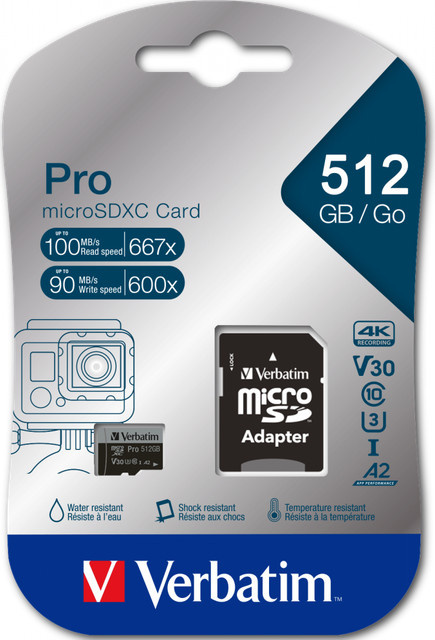Verbatim Micro SDXC Speicherkarte Pro U3 A2 mit Adapter, 512 GB, Schwarz - Bild 1