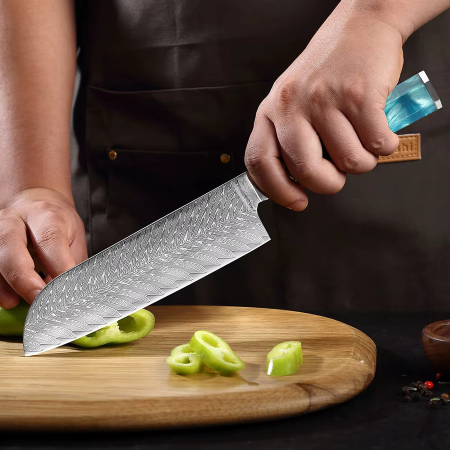 Xituo Santoku Kochmesser aus Damaststahl mit Holzgriff, 7 Zoll, Mehrfarbig - Bild 4