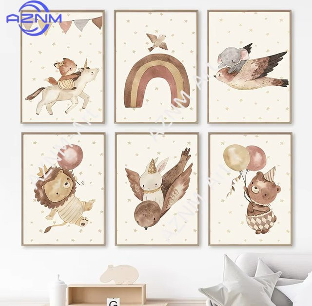 AZNM Boho Kinderzimmer Wandkunst Leinwanddruck mit Regenbogen und Tieren wie Löwe, Bär, Fuchs, Hase und Elefant in Mehrfarbig - Bild 1
