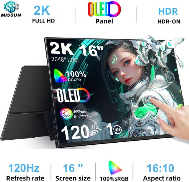 MISSUN Tragbarer 2K OLED Monitor 16,0 Zoll mit 120Hz, QHD Display, 100% DCI-P3 und Augenschutz in Schwarz - Bild 1