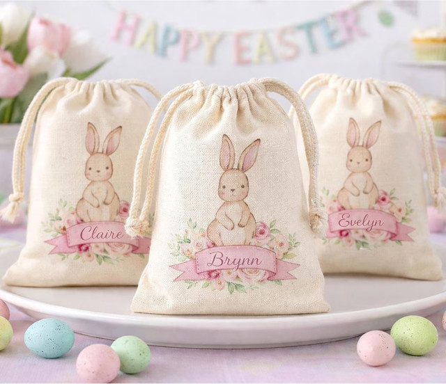 3-teiliges Set Osterhasen-Geschenktüten mit Kordelzug in Beige für Frühlingsfeste und die Osterjagd - Bild 1