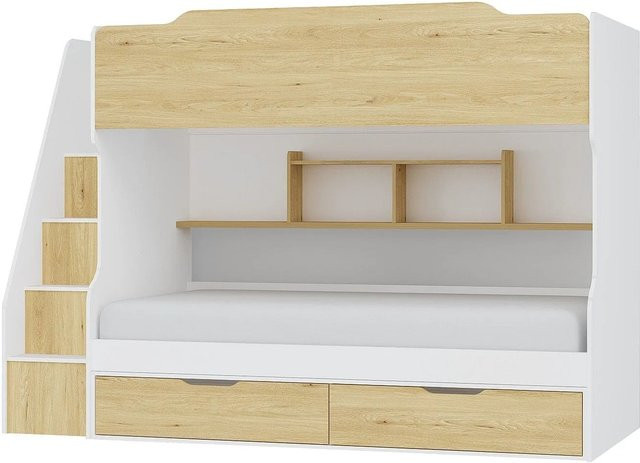 Vente-unique Etagenbett Yalova aus Massivholz in Naturfarben Hell und Weiß mit Schubladen, Höhe: 235,1 cm - Bild 1
