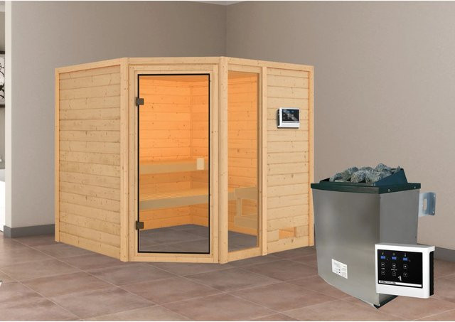 Karibu Massivholzsauna Tabea in Natur mit 9,0 kW Ofen und externem Steuergerät, B/T: 196 x 196 cm - Bild 1