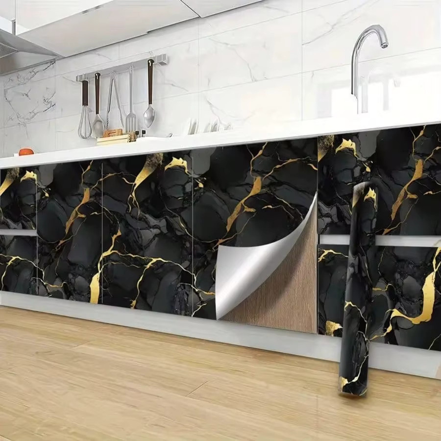 TTOKKONG WALLPAPER Selbstklebende Marmor Tapete in Schwarz mit metallischer und reflektierender Oberfläche, wasserdichte Wandgestaltung für moderne Dekorationen - Bild 4