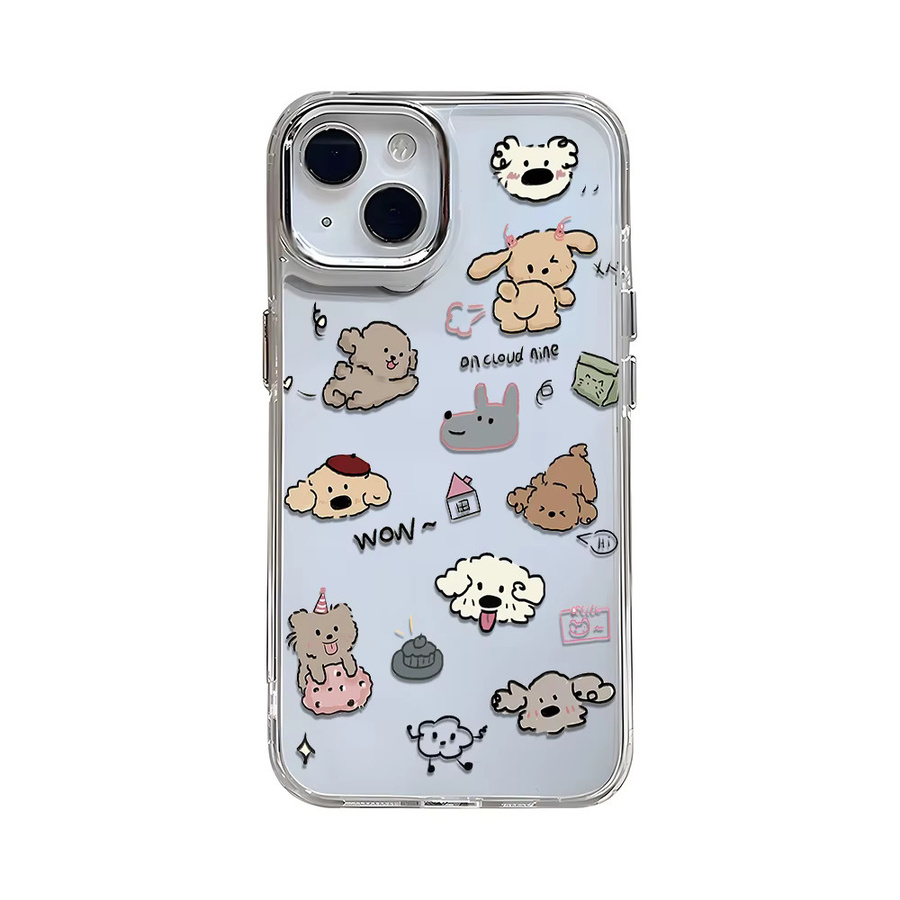 Stoßfeste Softcover Handyhülle mit Cartoon-Teddy-Hund Design für iPhone 11 bis iPhone 17 Pro Max in Silber/Transparent mit Linsenrahmen - Bild 5
