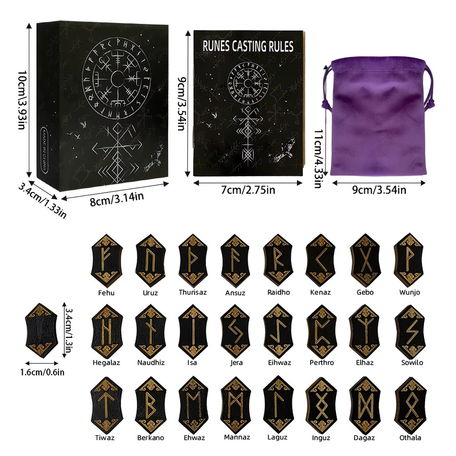 Vikings Jewelry Runen-Set aus Holz mit Aufbewahrungstasche und Guide Buch für Meditation und Wahrsagerei in Schwarz - Bild 4