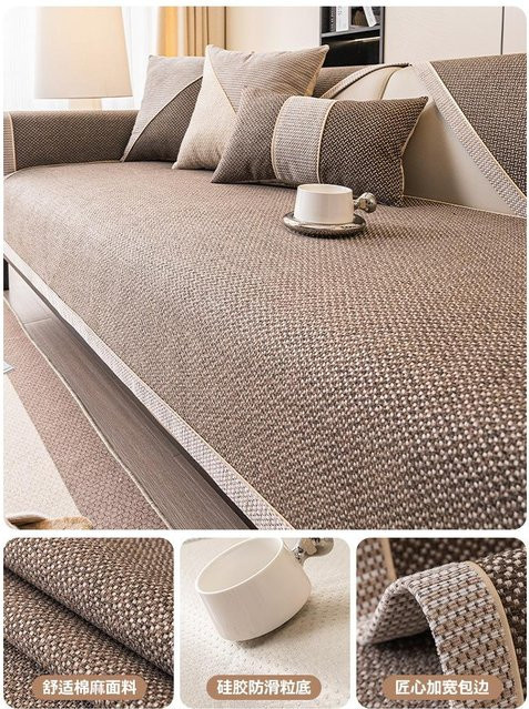 Geflochtene Ganzjahres-Sofamatte von Your Warm Home aus Baumwolle und Leinen, rutschfeste Rückenlehnentuch-Möbelschutzhülle in Beige, B/H: 70 x 70 cm - Bild 1