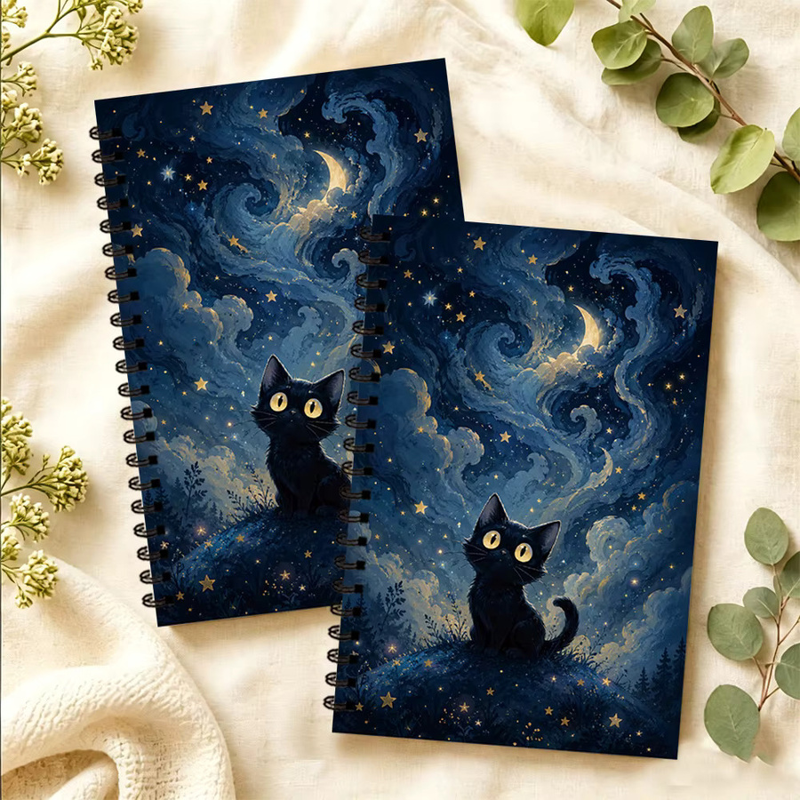 Notizbuch Sternenhimmel Schwarze Katze mit Blanko-Linienblättern, A5, Schwarz und Blau - Bild 5