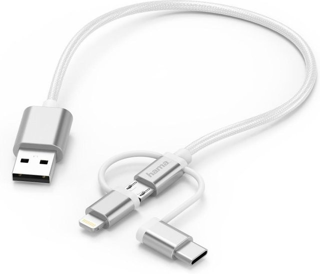 Hama 3in1 Micro-USB-Kabel mit Adaptern auf USB-Type-C und Lightning, Weiß, Länge: 0,2 m - Bild 1