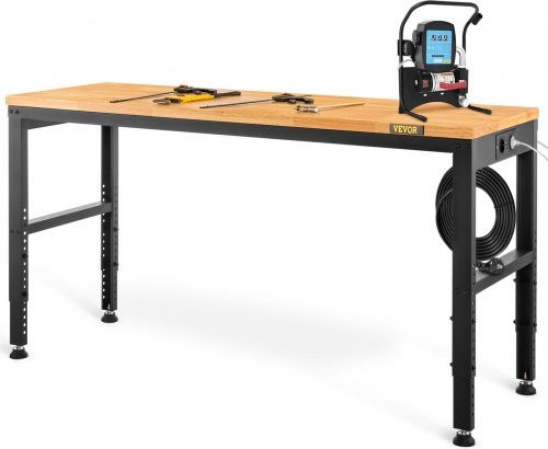 VEVOR Höhenverstellbare Werkbank mit Eichen-Holzplatte und Steckdosen, Braun, B/T/H: 135 x 46 x 72-97 cm - Bild 1