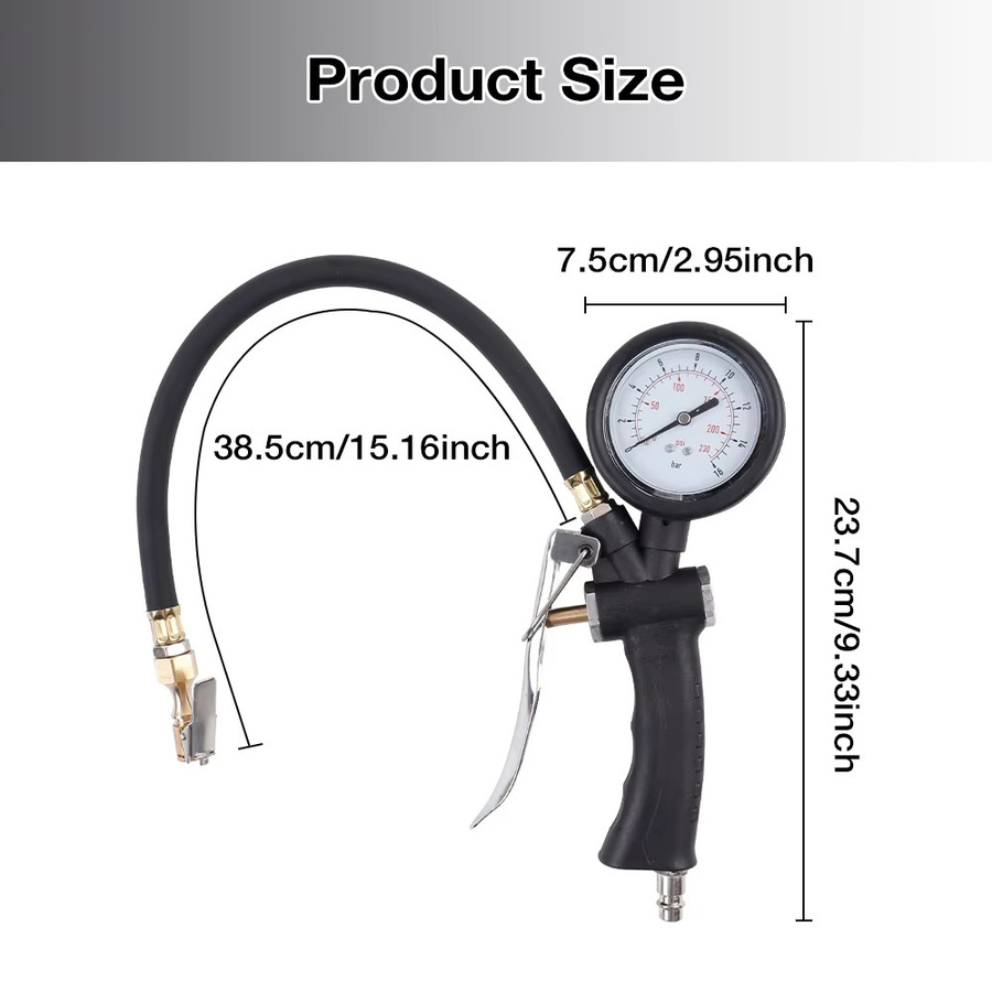 TEMPS DETIR Professionelle Reifendruckpistole mit Aufblasdüse und hochpräzisem Manometer 0-230 psi in Schwarz - Bild 2