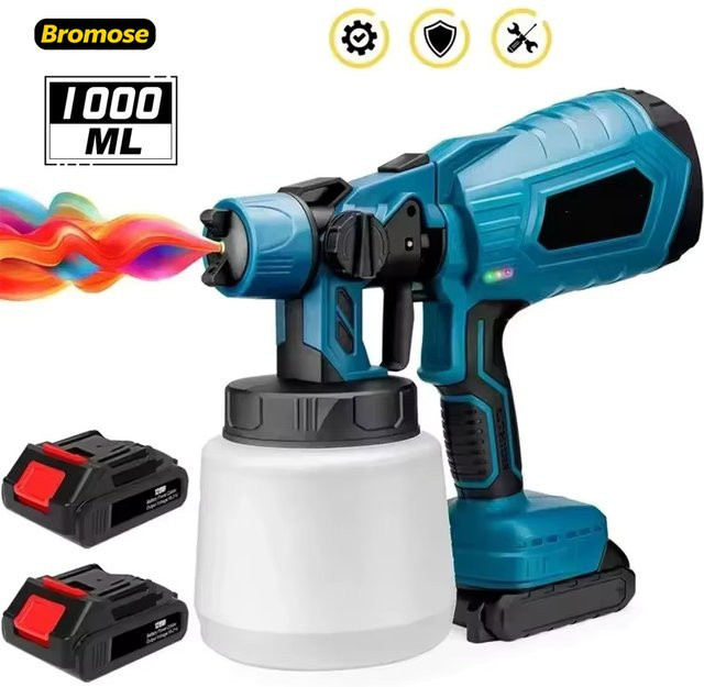 Bromose Kabellose Elektrische Spritzpistole in Blau, Tragbarer Farbsprüher für Haushalt und Möbelbeschichtung, Airbrush-Set für Makita 18V Akku, 1000 ml - Bild 1