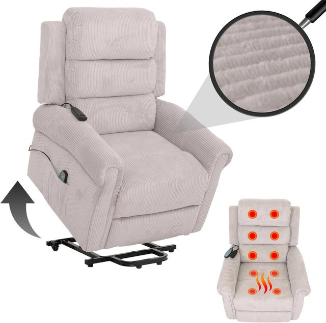 MCW Fernsehsessel MCW-K63 Relaxsessel mit Liegefunktion, Aufstehhilfe, Massage und Heizfunktion in Hellgrau aus Cord-Stoff - Bild 1