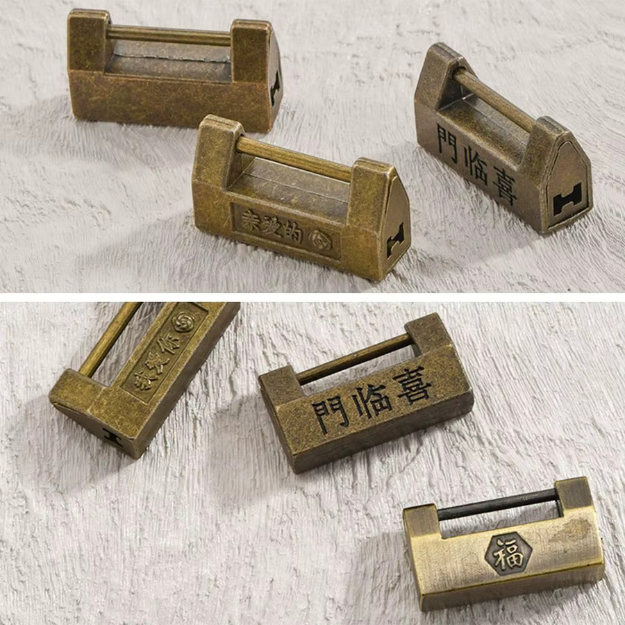 Antikes Retro-Vorhängeschloss in Gold als dekoratives Vintage-Chinesisches Mini-Schloss mit Schlüssel für kleine Holzschmuck-Aufbewahrungsboxen aus Metall - Bild 4