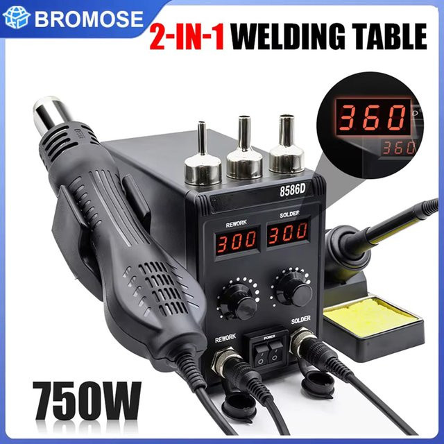 Bromose 8586D 2-in-1 Lötstation mit Heißluftgebläse und Lötkolben, Schwarz, digitale Temperaturanzeige für SMD-Reparaturen und Schweißarbeiten - Bild 1