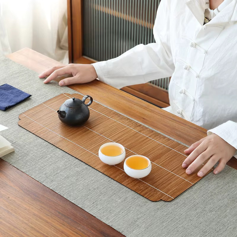 Zen-Stil Tee-Zubehör Set aus Bambus und Leinen in Braun, Teetassenmatte und Kung-Fu-Tee-Unterlage für trockenes Brauen - Bild 2