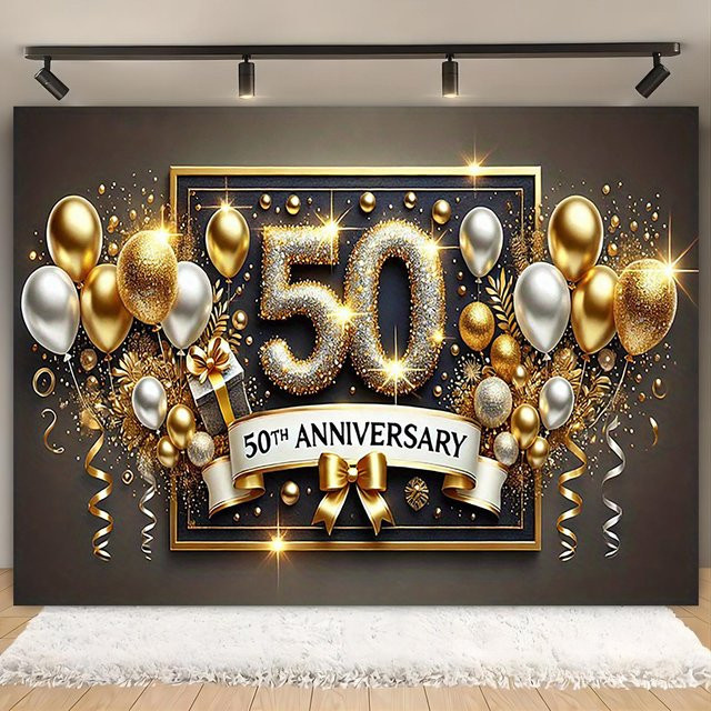 Goldenes 50. Jubiläums-Banner aus Polyester für Hochzeiten und Feierlichkeiten, Mehrfarbig, Rechteckig - Bild 1
