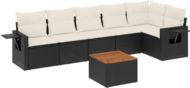 vidaXL 7-teilige Garten-Sofagarnitur aus Poly-Rattan und Akazienholz in Schwarz-Creme mit Kissen - Bild 1