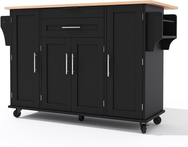 Mobile Kücheninsel von TG Electrical DE in Schwarz und Naturfarbe mit verdeckter Besteckschublade, verstellbaren Einlegeböden, Gewürzregal und Handtuchhalter, B/T/H: 136 x 45 x 92 cm - Bild 1
