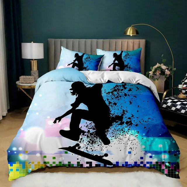 Skateboard Bettwäsche Set für Teenager in Regenbogen Batik Optik, 2-teiliges Set aus Polyester mit Bettdeckenbezug und Kissenbezug, B/H: 70 x 133 cm, Mehrfarbig - Bild 1