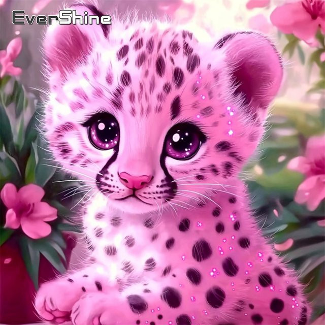 EverShine Diamantmalerei Leopard und Blumen 5D DIY Mosaik Wanddekoration mit runden Strasssteinen in Pink, B/H: 20 x 20 cm - Bild 1
