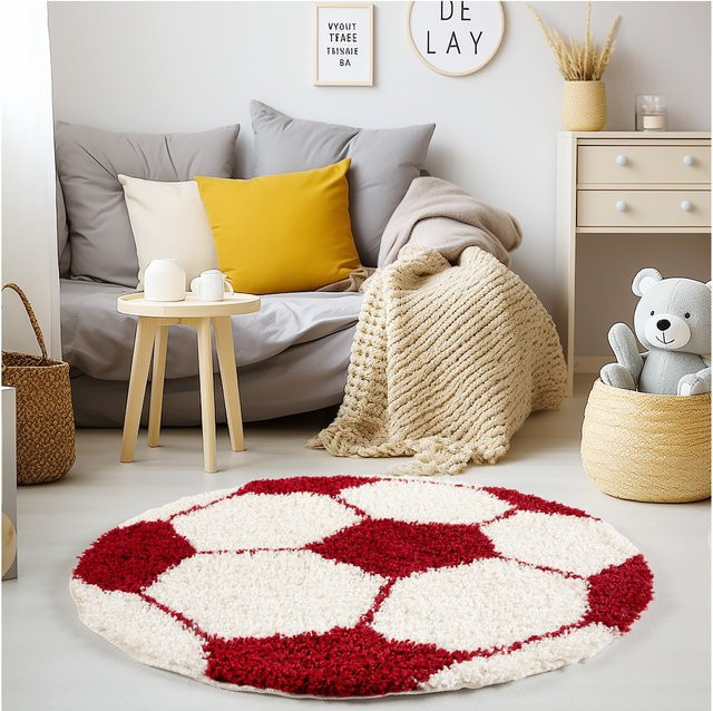 Kinderteppich Kadima Design MATREI mit Fußball-Motiv, Rot, Durchmesser: 100 cm - Bild 1