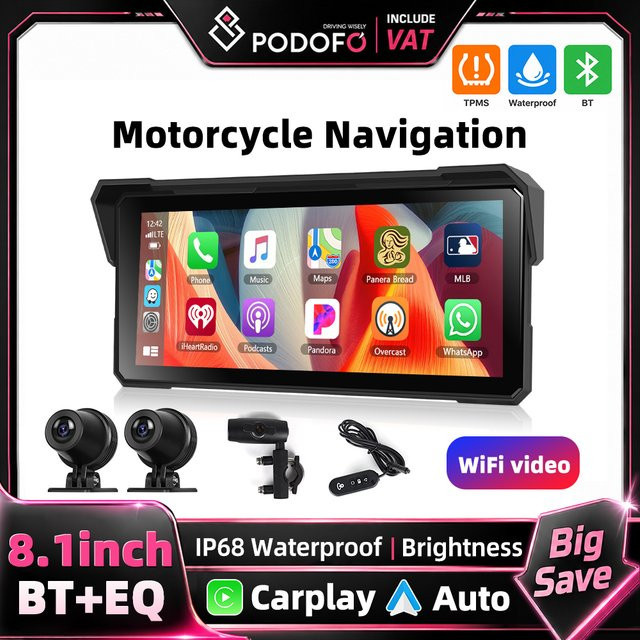 Podofo Tragbarer Motorrad-Monitor mit 8,1 Zoll Display, Kabelloses CarPlay und Android Auto, IP68 Wasserdicht, DVR mit 2 Kameras, Schwarz - Bild 1