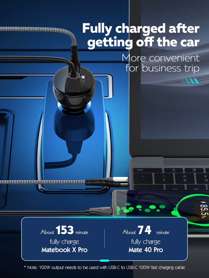 Ldnio USB-Auto Ladegerät mit 100W Dual-Ports Typ C PD QC in Schwarz - Bild 2