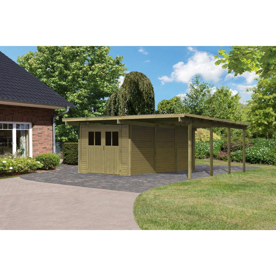Karibu Doppelcarport Eco 2 mit Abstellraum und Flachdach aus Nadelholz in Braun, B: 268 cm, T: 576 cm - Bild 2