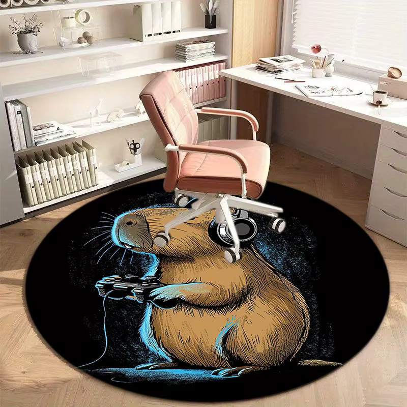 Runder Teppich mit Capybara-Gaming-Headset-Muster in Schwarz, rutschfeste Bodenmatte für Wohnzimmer, Schlafzimmer oder Badezimmer - Bild 2