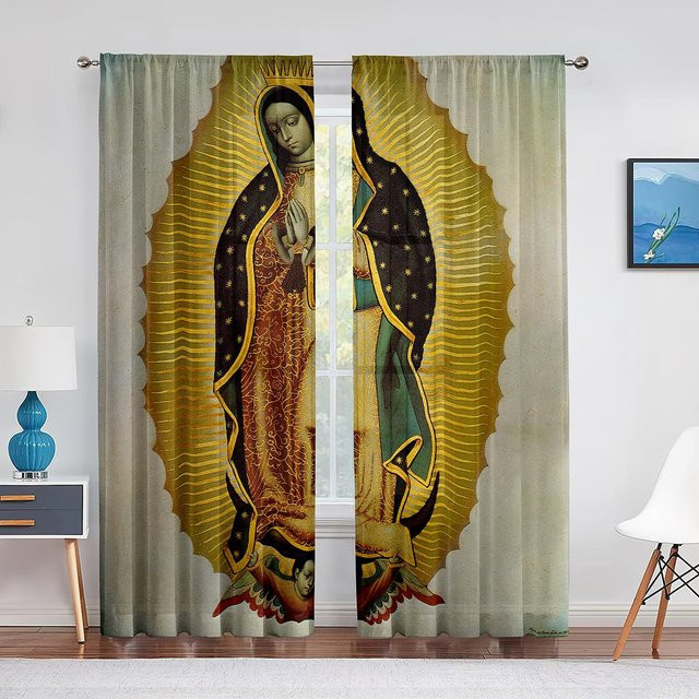 Transparente Voile-Vorhänge mit floralem Design und mexikanischem Heilige Jungfrau Maria Motiv, 2er-Set Chiffon-Tüll-Vorhänge für Schlafzimmer, Wohnzimmer und Küche, Breite: 65 cm, Höhe: 60 cm - Bild 1