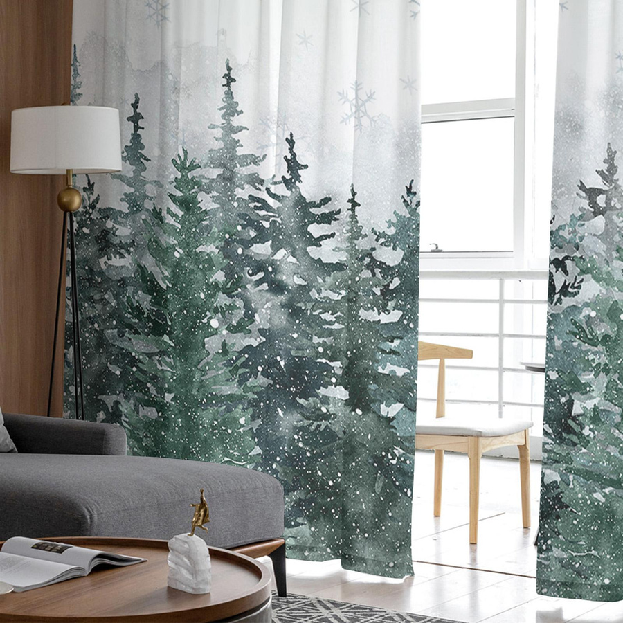 Moderne Tüll-Voile-Fenstervorhänge mit Weihnachts-Aquarell-Kiefernwald-Motiv von Your Warm Home, transparent, mehrfarbig, B: 135 cm, H: 114 cm - Bild 3
