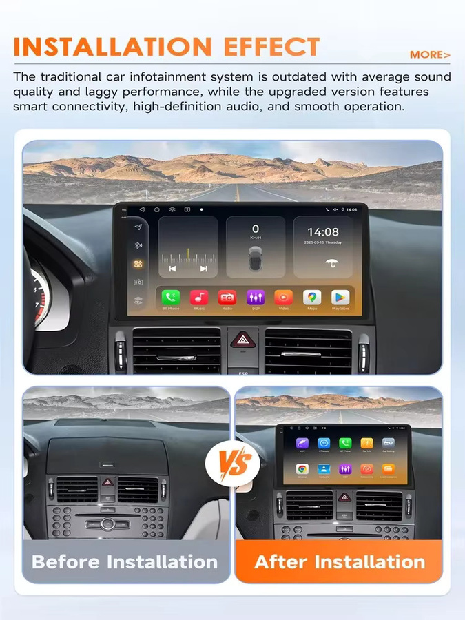 OSSURET 9 Zoll 2DIN Android 14 Autoradio mit Carplay für Mercedes Benz C-Klasse W204 S204 2007-2010, 8-Core Multimedia-System mit 360 Grad Kamera Unterstützung, Schwarz - Bild 5