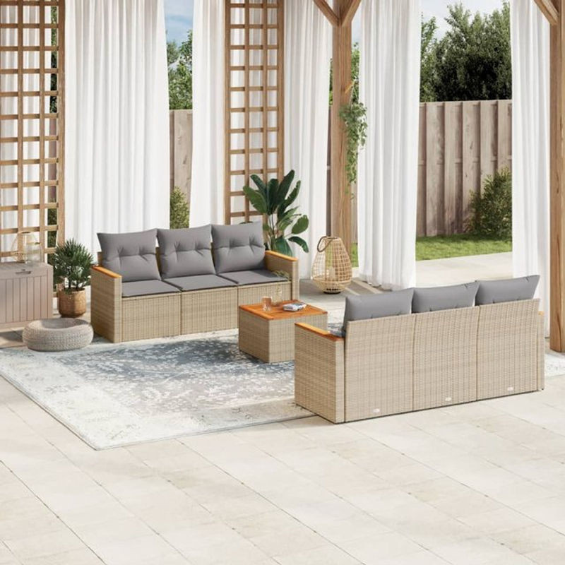 Vidaxl 7-teiliges Gartenmöbel-Set mit Kissen in Beige aus Rattan und Holz - Bild 1